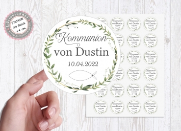 24 personalisiert Sticker Aufkleber Kommunion Taufe Firmung Konfirmation Kranz Eukalyptus personalisiert von Lüttentüddel® -